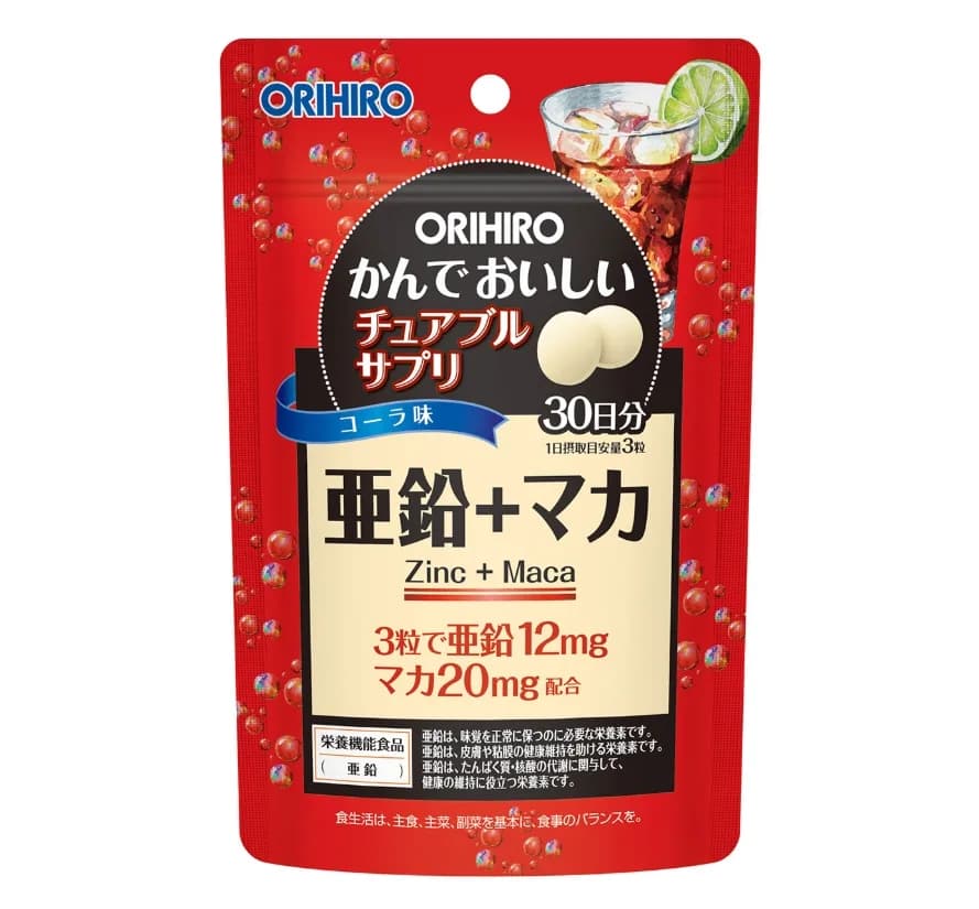 Orihiro Zinc+Maca Жевательные витамины с цинком и макой перуанской, со вкусом колы 90 таблеток на 30 дней